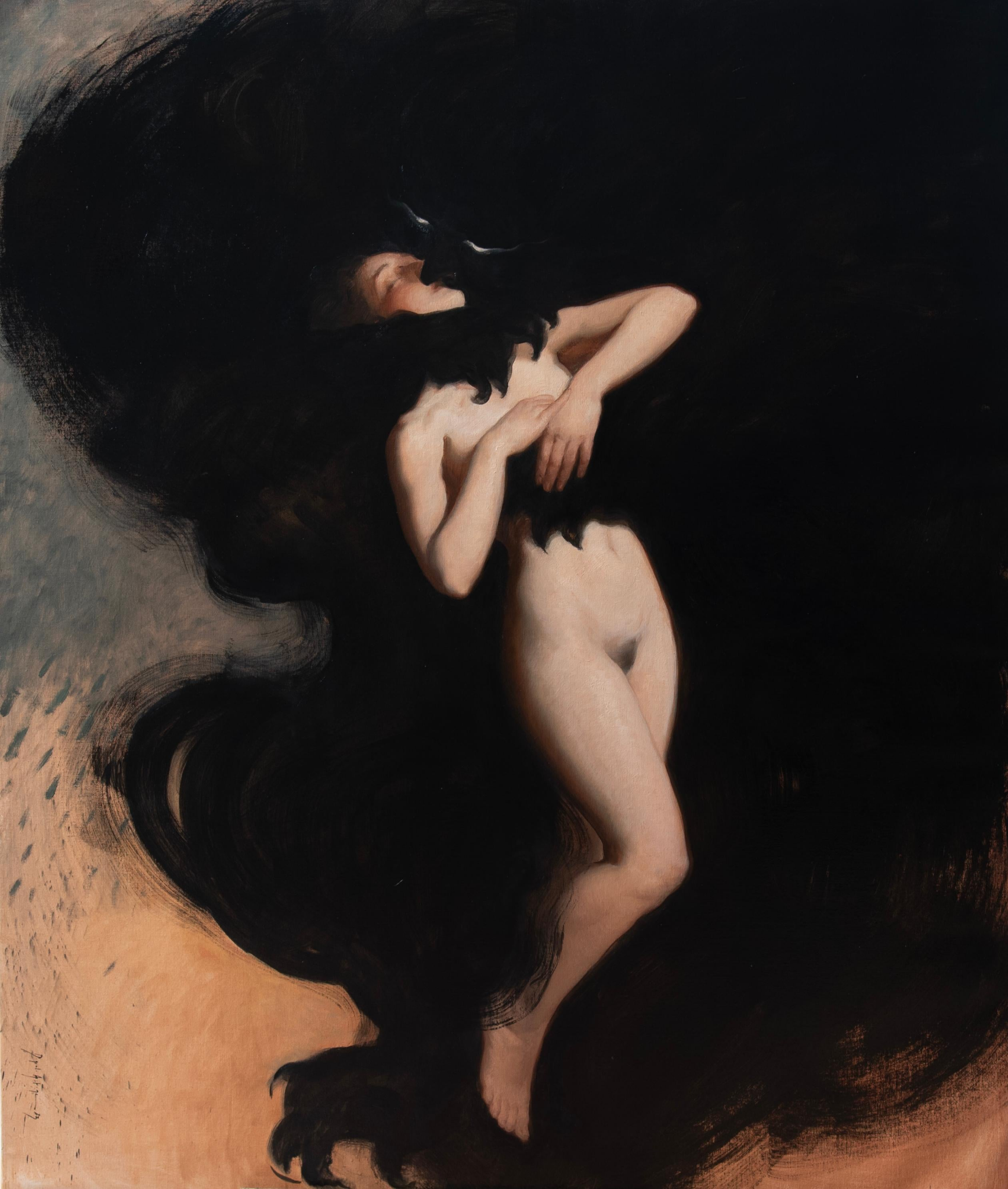 In a surreal scene inspired by Gustav Klimt’s “The Kiss,” a nude woman leans into her partner as a dark, amorphous creature enfolds and suspends them mid-air, with sweeping black strokes and rain-like droplets falling from a blue-grey cloud behind.